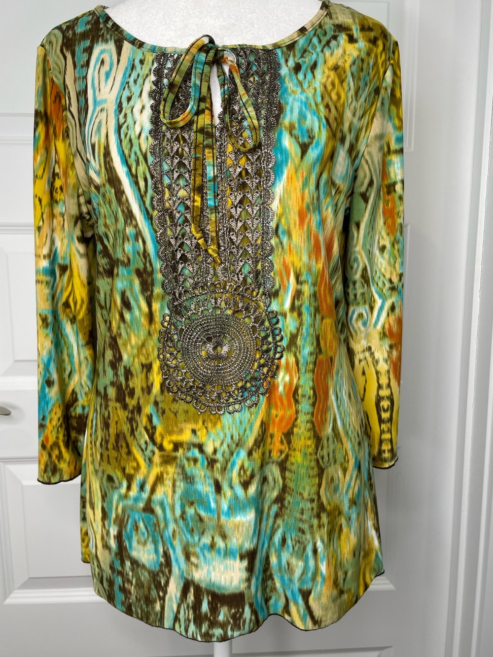 Saint Tropez West Women’s Tie-Neck Top in Turquoise, Yellow & Brown Size M